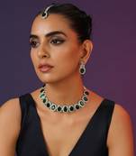 Green Silver Tone Zirconia Necklace Set With Maang Tikka