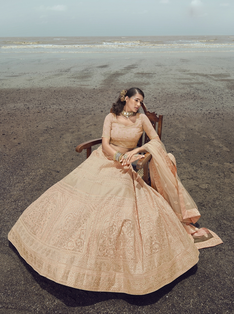 Peach embroidered organza semi stitched lehenga
