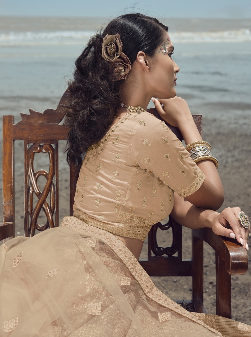 Peach embroidered organza semi stitched lehenga