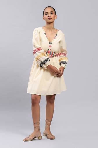 Beige Embroidered Short Dress