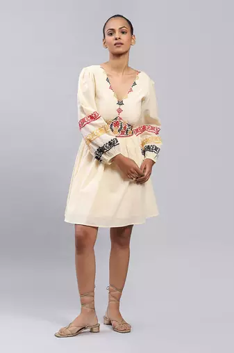 Beige Embroidered Short Dress