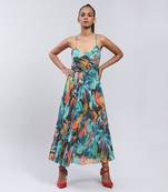 LABEL Teal Strappy Printed Long Dress