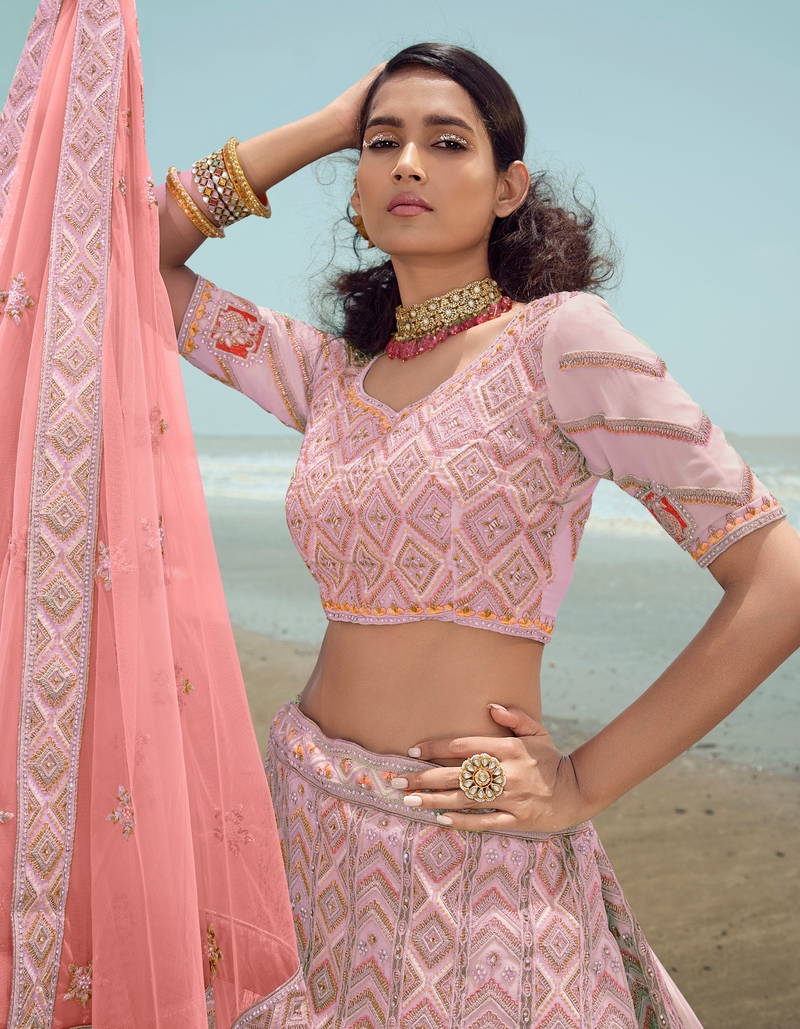 Pink embroidered georgette semi stitched lehenga