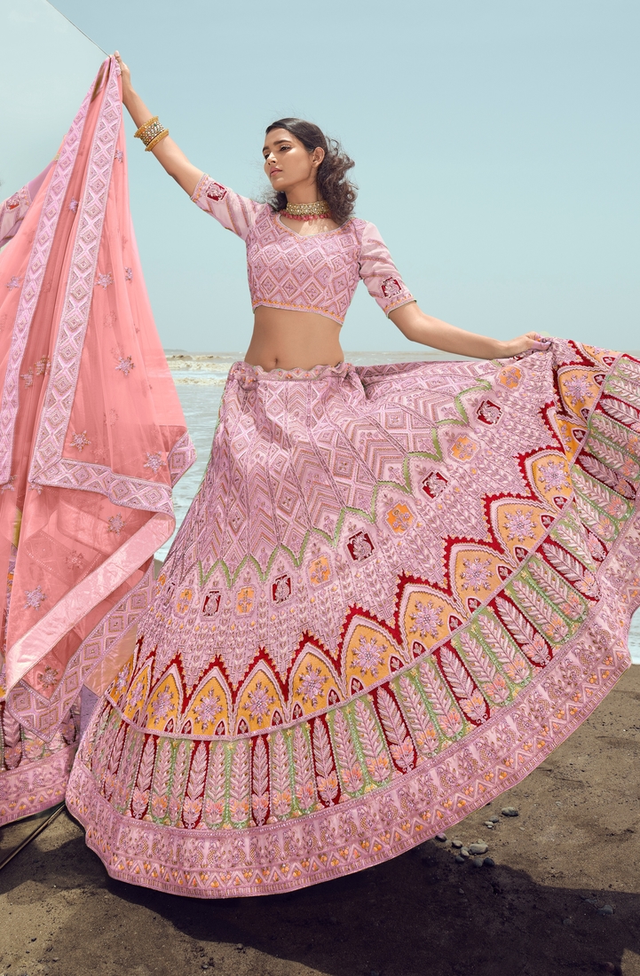 Pink embroidered georgette semi stitched lehenga