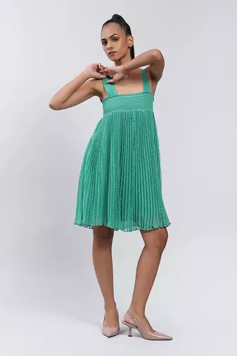 Aqua Textured Short Dress With Smocking