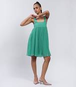 Aqua Textured Short Dress With Smocking