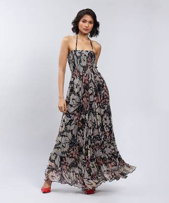 LABEL Black Botanic Print Halter Maxi Dress 1