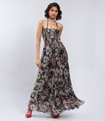 LABEL Black Botanic Print Halter Maxi Dress