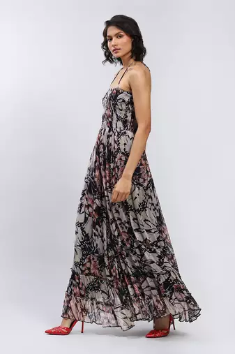 LABEL Black Botanic Print Halter Maxi Dress
