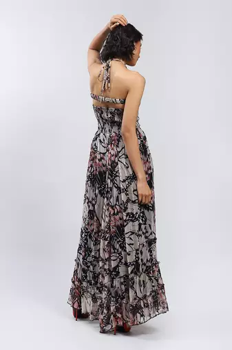 LABEL Black Botanic Print Halter Maxi Dress