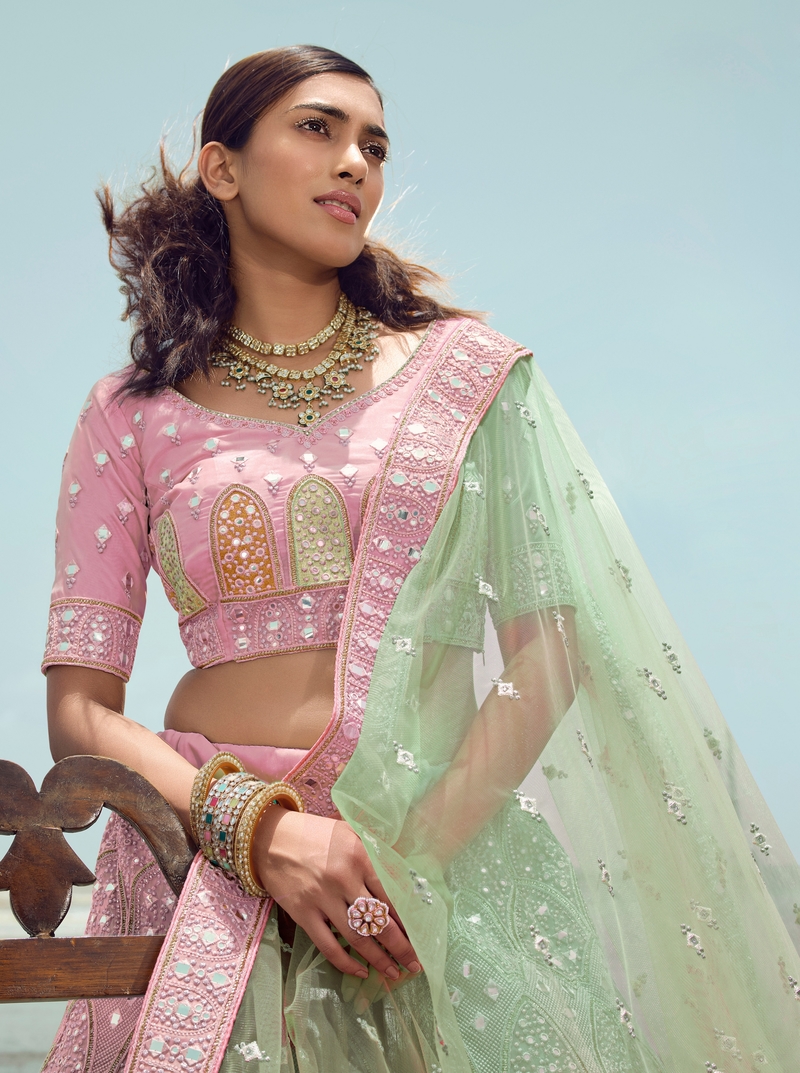 Pink embroidered organza semi stitched lehenga