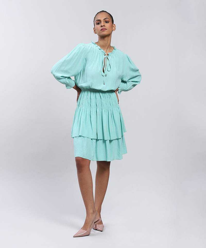 Mint Short Dress With Smocking
