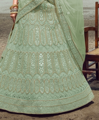 Green embroidered organza semi stitched lehenga 2