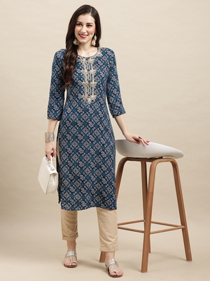 Women Blue Rayon Bandhani Printed Kurta 1