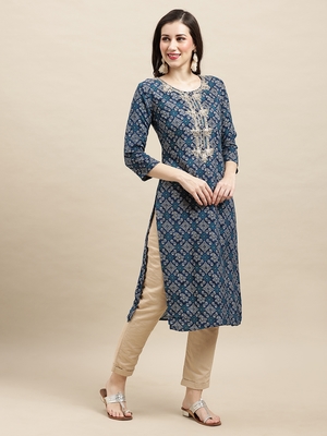Women Blue Rayon Bandhani Printed Kurta 3
