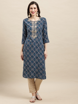 Women Blue Rayon Bandhani Printed Kurta 4
