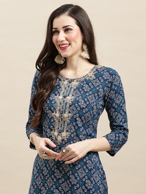 Women Blue Rayon Bandhani Printed Kurta 5