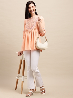 Peach Rayon Ethnic motifs Embroidered A-line Top 1