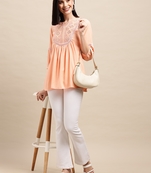 Peach Rayon Ethnic motifs Embroidered A-line Top