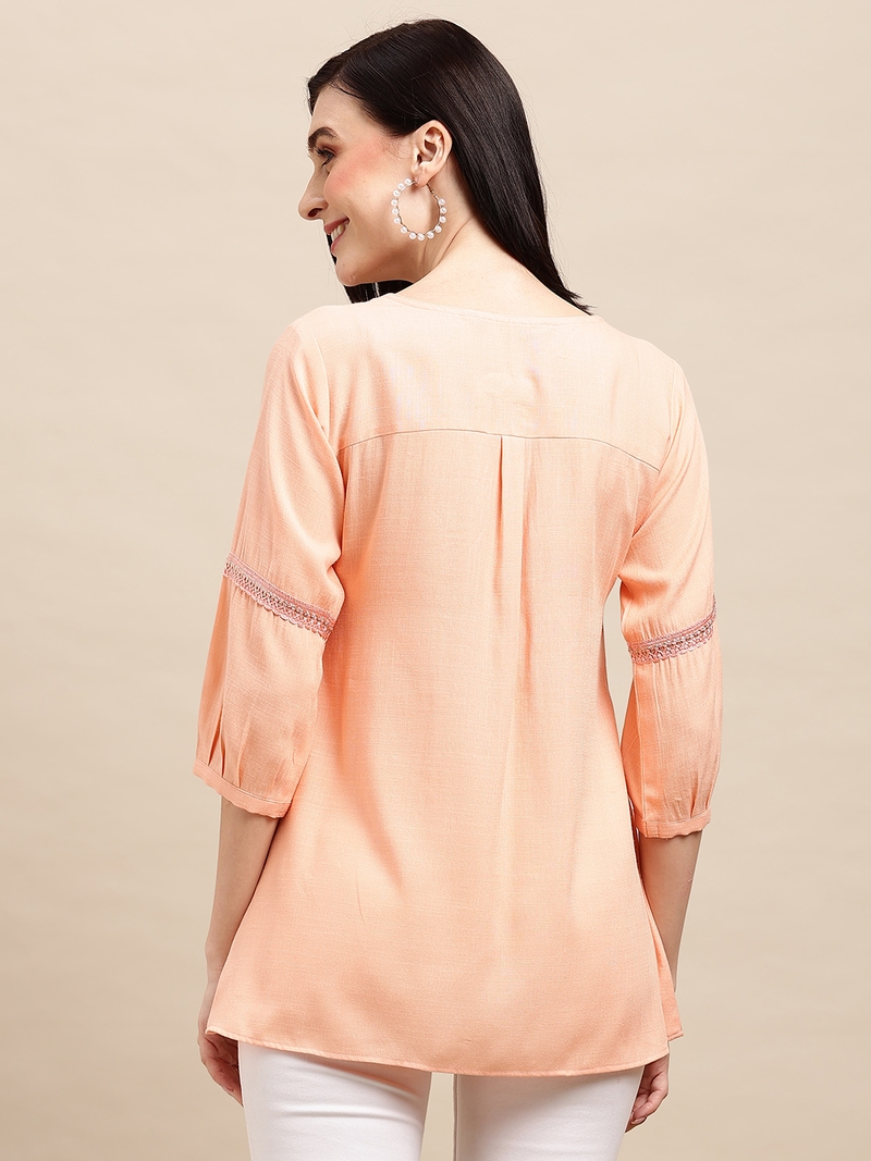 Peach Rayon Ethnic motifs Embroidered A-line Top