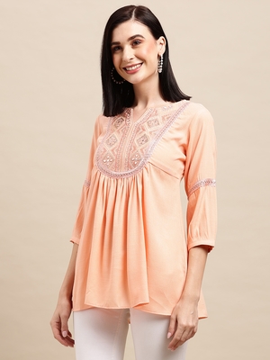 Peach Rayon Ethnic motifs Embroidered A-line Top 3