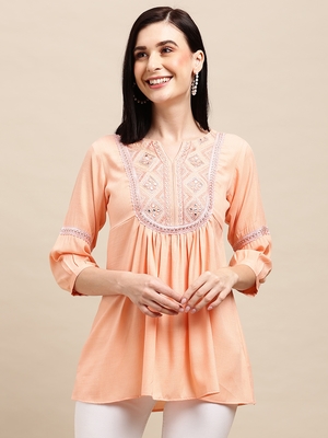 Peach Rayon Ethnic motifs Embroidered A-line Top 4