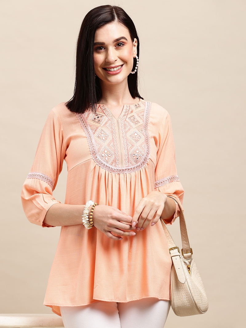 Peach Rayon Ethnic motifs Embroidered A-line Top