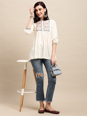 Off White Rayon Thread Work Embroidered A-line Top 1
