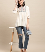 Off White Rayon Thread Work Embroidered A-line Top