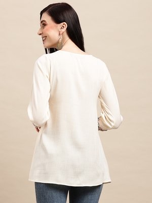Off White Rayon Thread Work Embroidered A-line Top 2