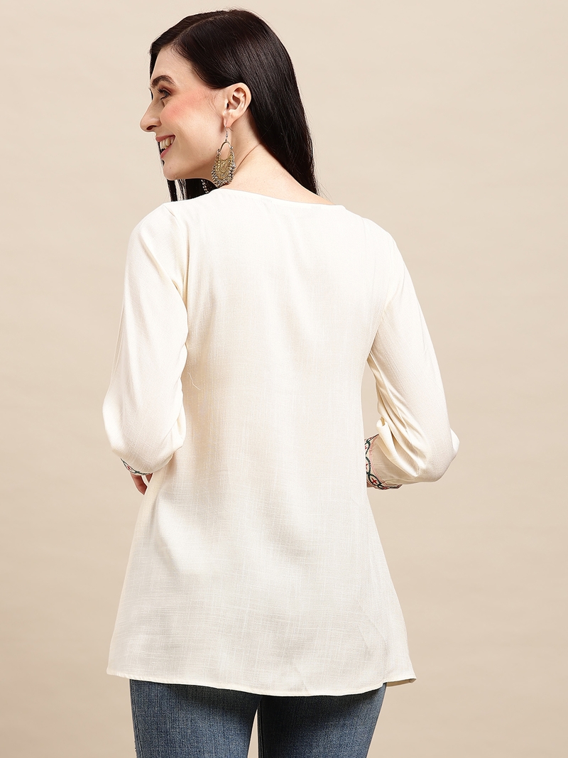 Off White Rayon Thread Work Embroidered A-line Top