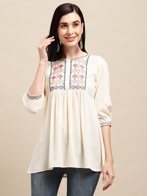 Off White Rayon Thread Work Embroidered A-line Top 3