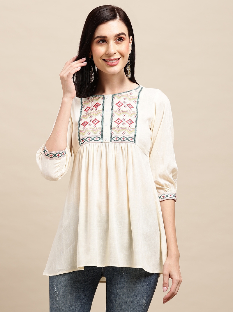 Off White Rayon Thread Work Embroidered A-line Top