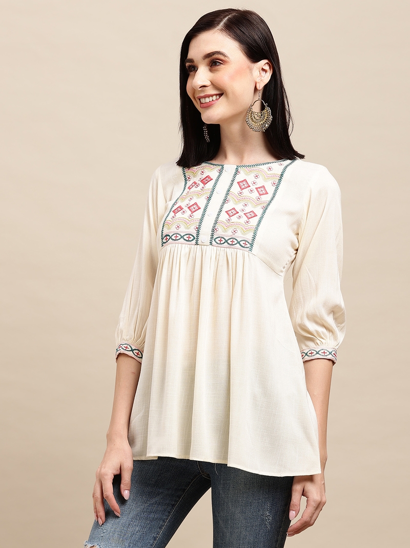 Off White Rayon Thread Work Embroidered A-line Top