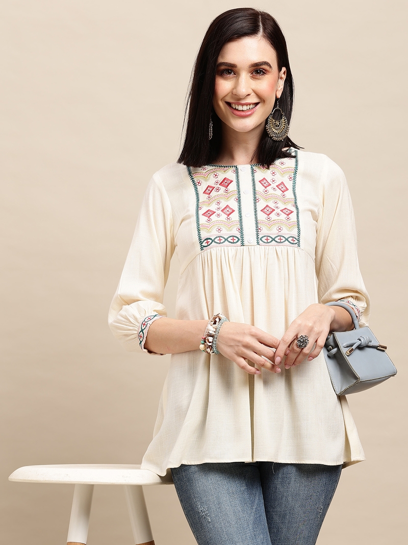 Off White Rayon Thread Work Embroidered A-line Top