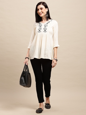 White Rayon Thread Work Embroidered A-line Top 1