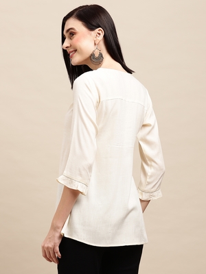 White Rayon Thread Work Embroidered A-line Top 2