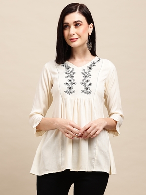 White Rayon Thread Work Embroidered A-line Top 3