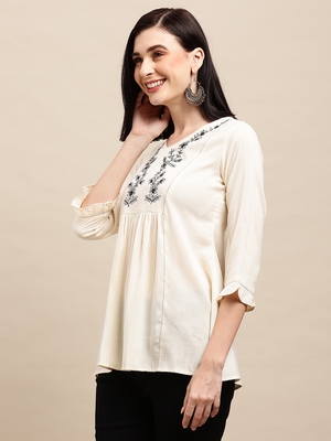 White Rayon Thread Work Embroidered A-line Top 4
