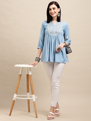 Blue Rayon Ethnic motifs Embroidered A-line Top 1