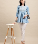 Blue Rayon Ethnic motifs Embroidered A-line Top