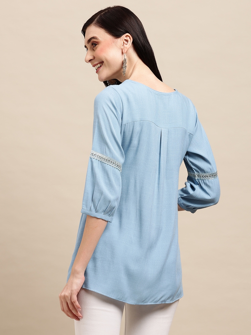 Blue Rayon Ethnic motifs Embroidered A-line Top