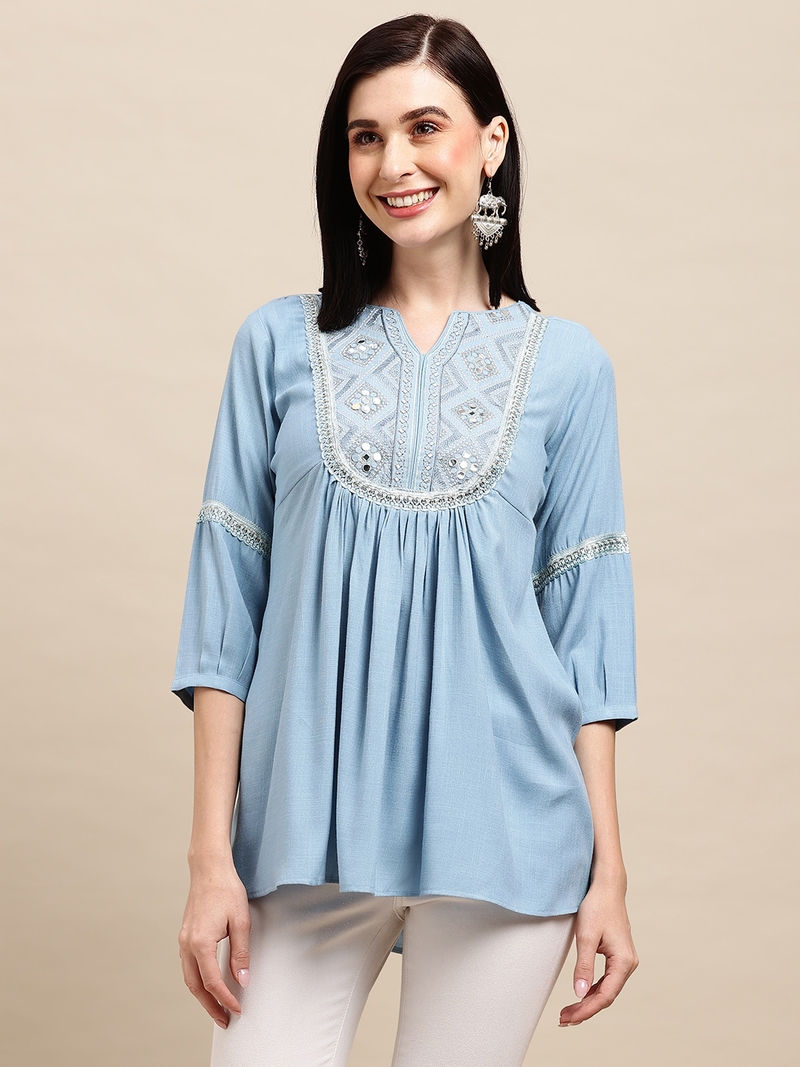 Blue Rayon Ethnic motifs Embroidered A-line Top