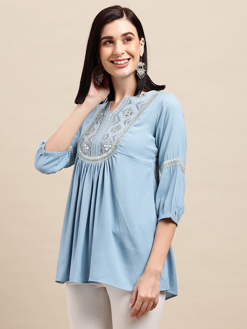 Blue Rayon Ethnic motifs Embroidered A-line Top