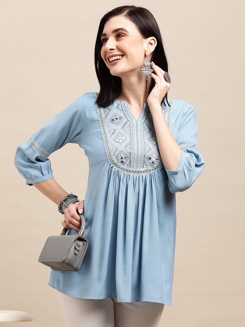 Blue Rayon Ethnic motifs Embroidered A-line Top