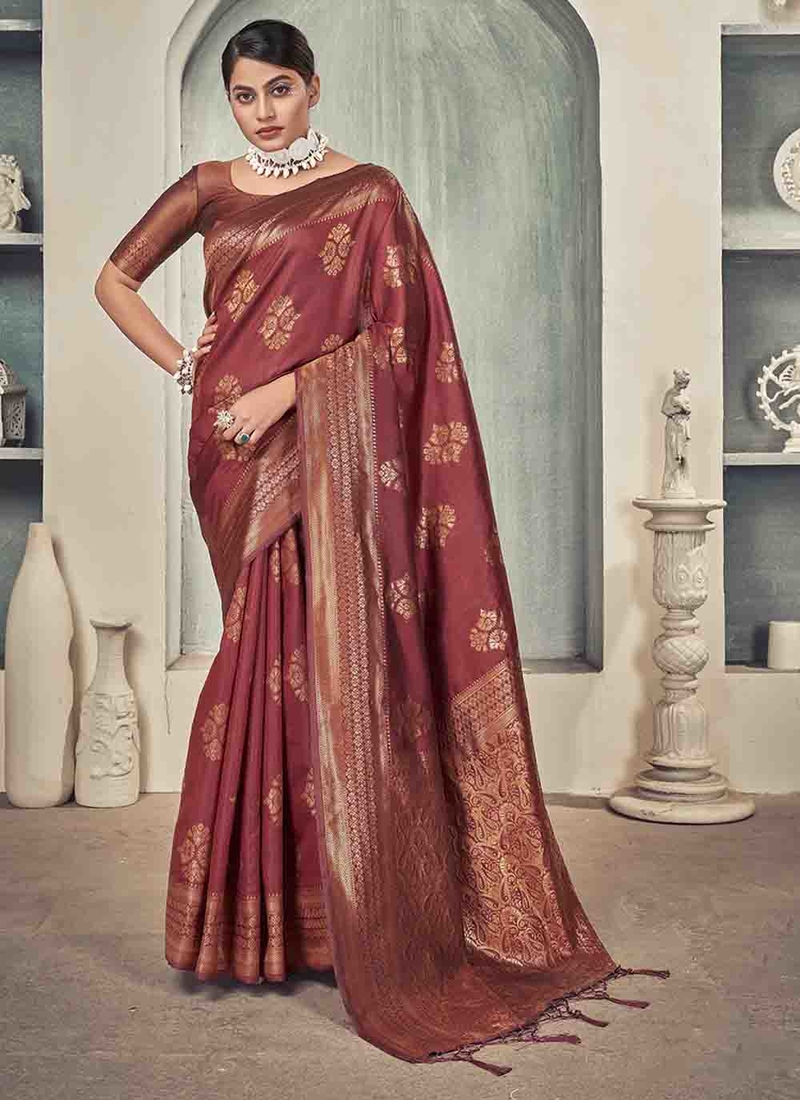 Elegant Copper Zari Woven Banarasi Silk Saree In Maroon Colour