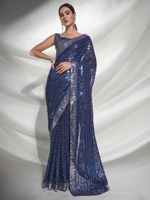 Blue Sequins Embroidery Work Bollywood Style Partywear Saree 1