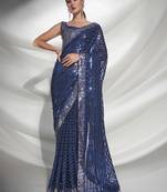 Blue Sequins Embroidery Work Bollywood Style Partywear Saree