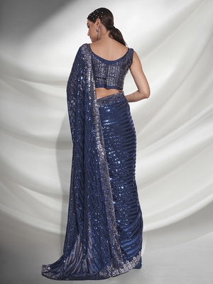 Blue Sequins Embroidery Work Bollywood Style Partywear Saree 2