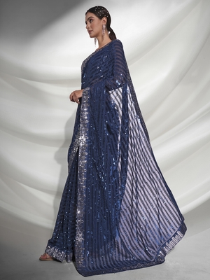 Blue Sequins Embroidery Work Bollywood Style Partywear Saree 4